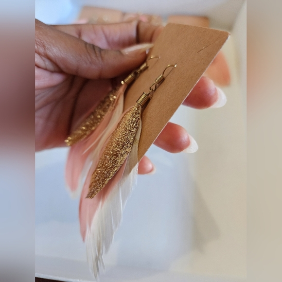 Lightweight Women's Gold and Pink Feather Stud Earrings Handmade Locally - Picture 8 of 14